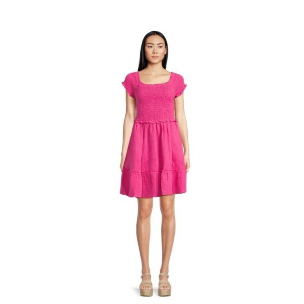 Time and Tru Women's Short Sleeve Smocked Mini Double Cloth Dress Size XS Pink